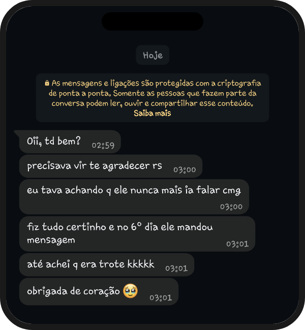 Depoimento real de cliente via WhatsApp